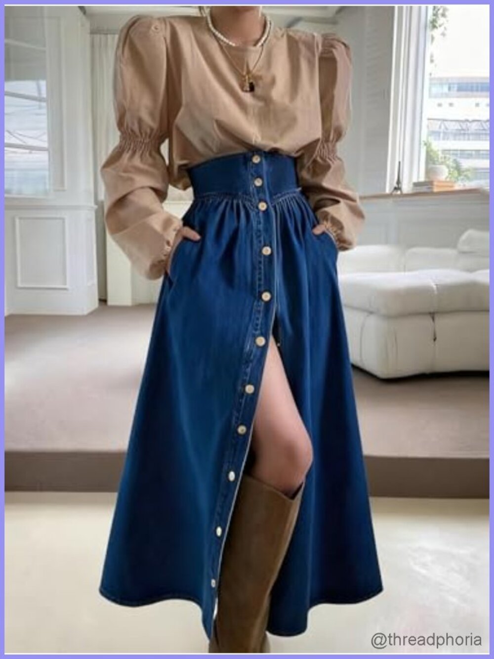 High Waist Button Down Long Denim Maxi Skirt A-Line Swing with Pockets - Picture 4 of 6
